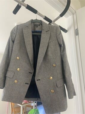 J. Crew Gray Glen Plaid Double-Breasted Blazer with Gold Buttons